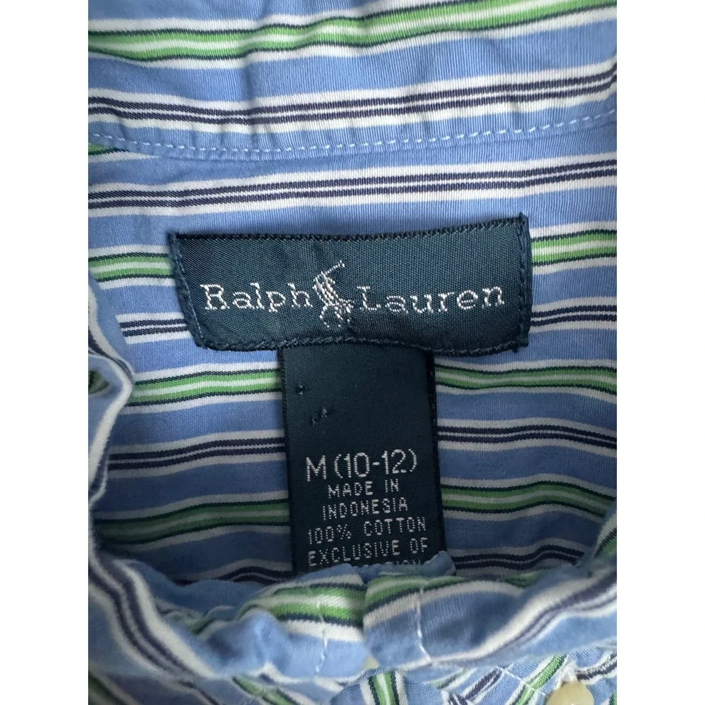 Ralph Lauren Kids Button Down Shirt Blue Green‎ Stripe Polo Pony Size M 10-12